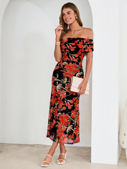 Simplee Womens Summer Floral Off Shoulder Maxi Dress 2026 Spring Ruched Bodycon Formal Wedding Guest Cocktail Dresses