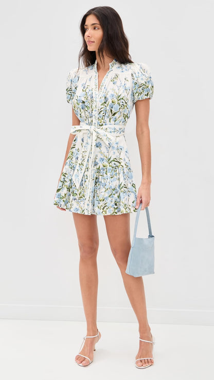 alice + olivia Women's Cora Short Sleeve Tiered Mini Shirt Dress