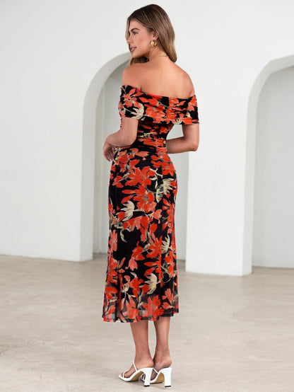 Simplee Womens Summer Floral Off Shoulder Maxi Dress 2026 Spring Ruched Bodycon Formal Wedding Guest Cocktail Dresses