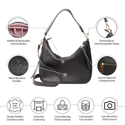 Meliae Camera Bag for Women, DSLR Mirrorless Camera Purse, Leather Shoulder Crossbody Hobo Travel Tote