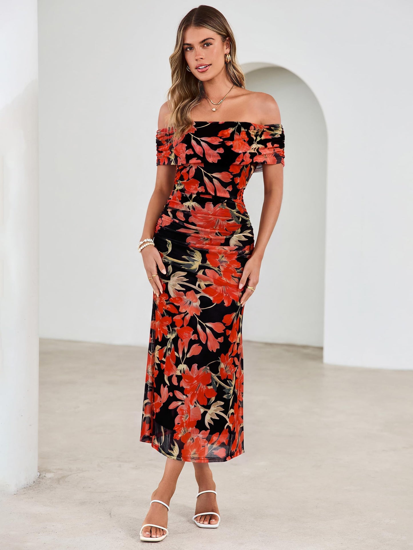 Simplee Womens Summer Floral Off Shoulder Maxi Dress 2026 Spring Ruched Bodycon Formal Wedding Guest Cocktail Dresses