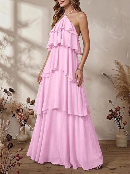 SOLY HUX Women's Wedding Guest Dress Sundresses Ruffle Layered Halter Backless Flowy Formal Maxi Dresses