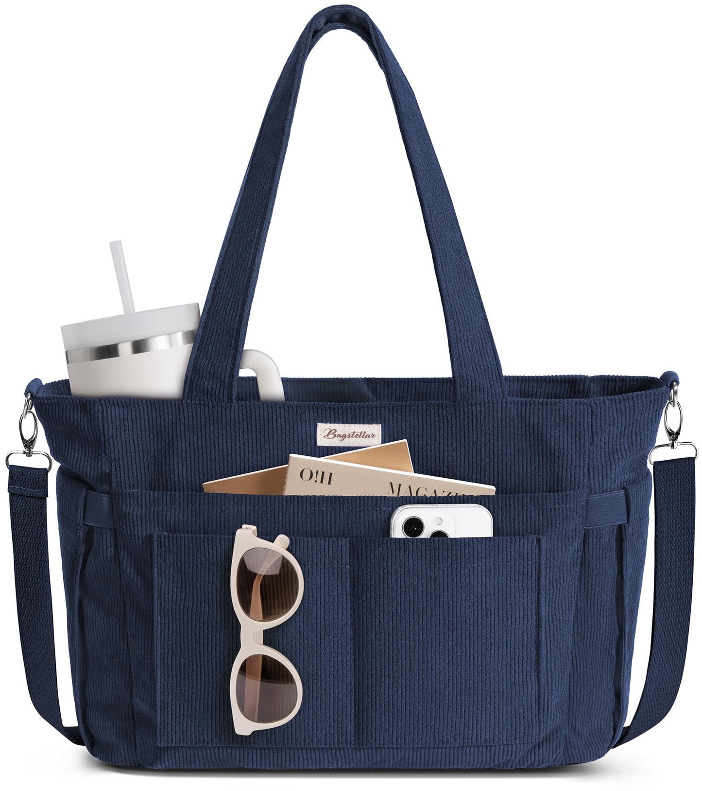 Bagstellar Corduroy Tote Bag for Women, 17 Pockets Laptop Work Tote Bag Lightweight Teacher Nurse Bible Bag for School Travel