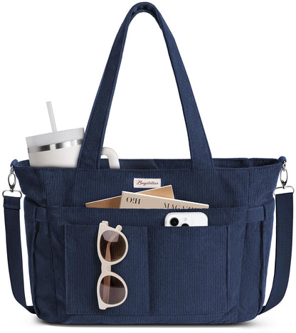 Bagstellar Corduroy Tote Bag for Women, 17 Pockets Laptop Work Tote Bag Lightweight Teacher Nurse Bible Bag for School Travel