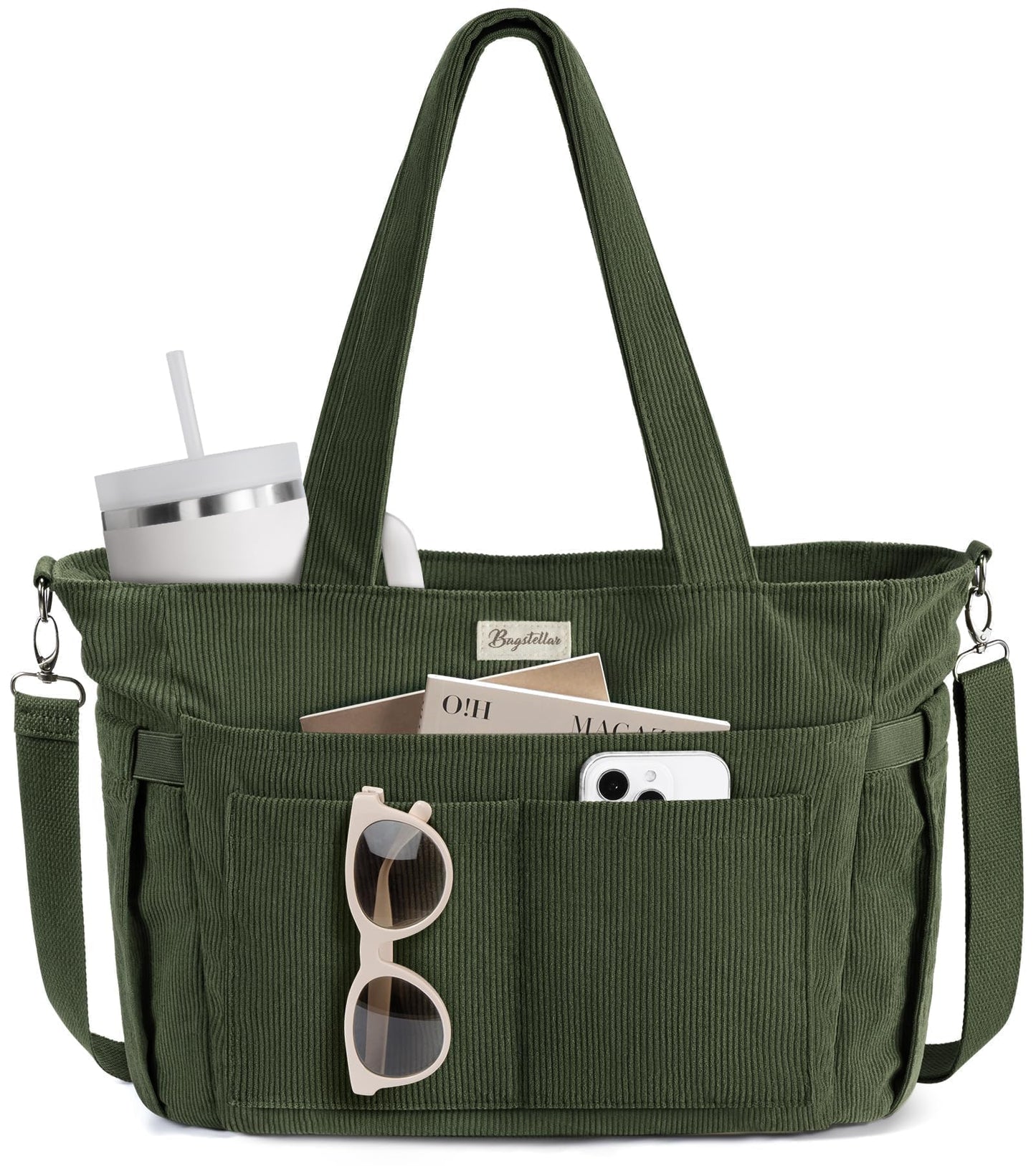 Bagstellar Corduroy Tote Bag for Women, 17 Pockets Laptop Work Tote Bag Lightweight Teacher Nurse Bible Bag for School Travel