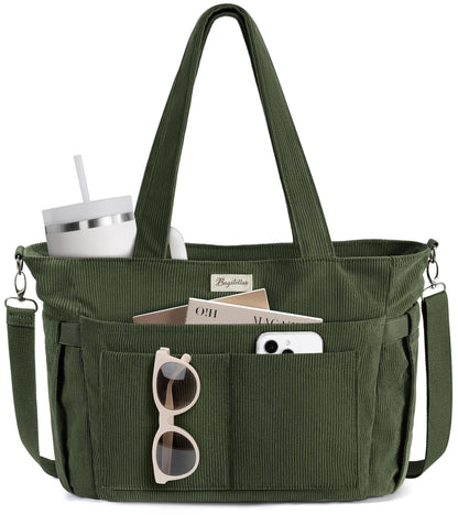 Bagstellar Corduroy Tote Bag for Women, 17 Pockets Laptop Work Tote Bag Lightweight Teacher Nurse Bible Bag for School Travel