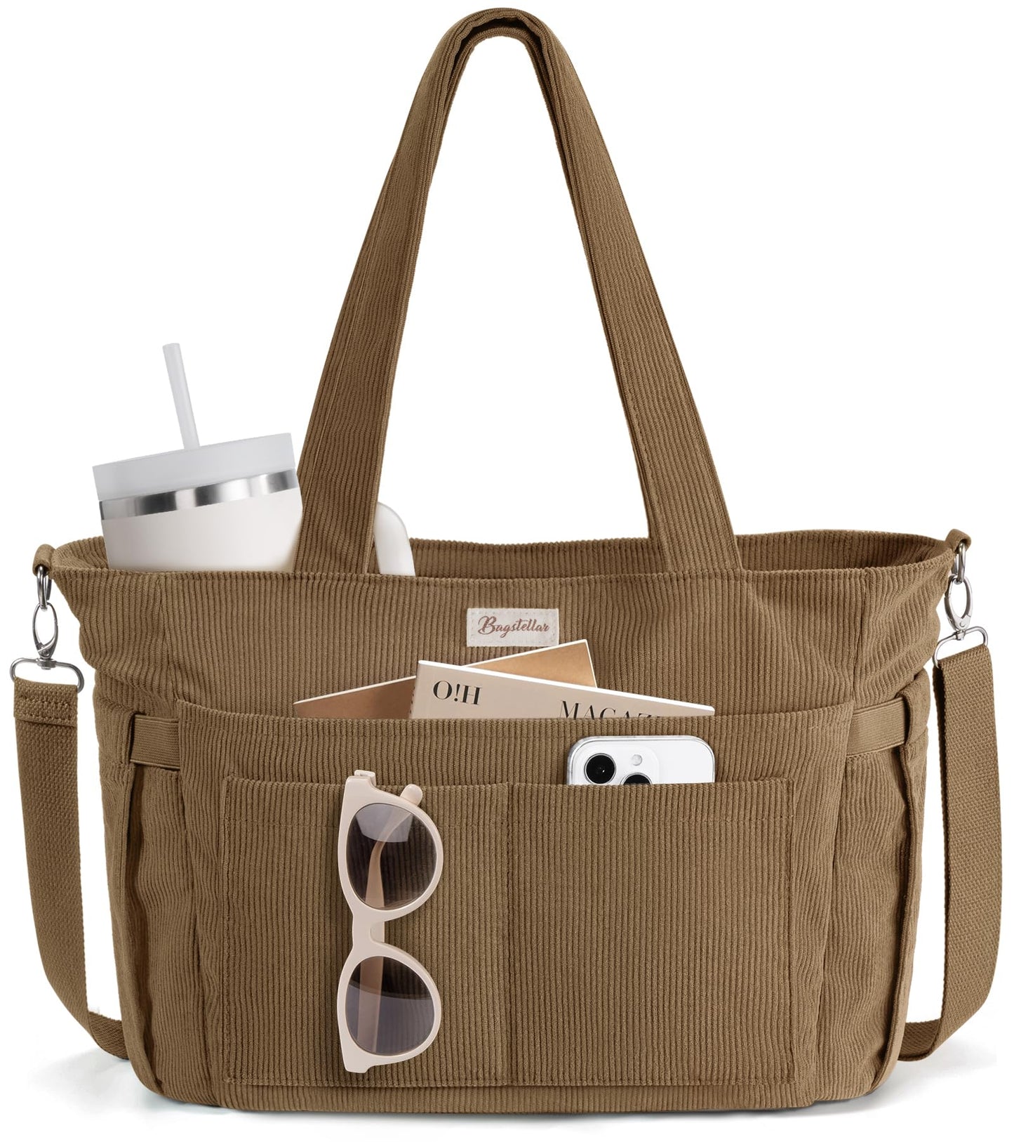 Bagstellar Corduroy Tote Bag for Women, 17 Pockets Laptop Work Tote Bag Lightweight Teacher Nurse Bible Bag for School Travel