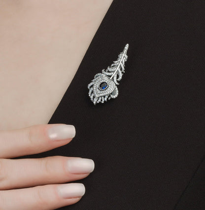 CUSHIONBLUE Diamond Peacock Feather Brooch, 14k Gold Oval Sapphire Brooch Pin, 925 Silver Antique Jewelry, Gorgeous Gift for Her.