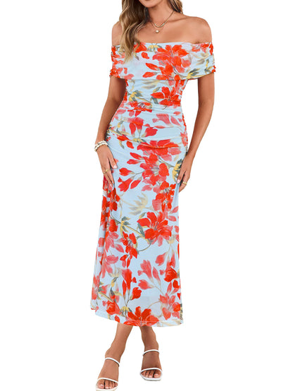 Simplee Womens Summer Floral Off Shoulder Maxi Dress 2026 Spring Ruched Bodycon Formal Wedding Guest Cocktail Dresses