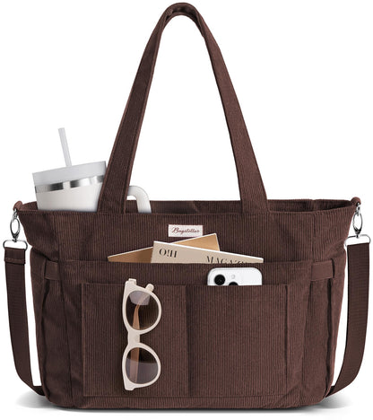 Bagstellar Corduroy Tote Bag for Women, 17 Pockets Laptop Work Tote Bag Lightweight Teacher Nurse Bible Bag for School Travel